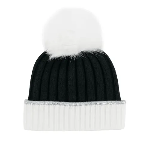Mitchie's Matchings Women's 2 Tone Beanie with Crystal Border and Fox Fur Pom