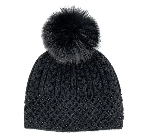 Mitchie's Matchings Women's Cable Sparkle Hat with Crystals and Fox Fur Pom - Image 3